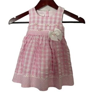 Bonnie Baby Pink Gingham Baby Dress with Waist Tie & Back Bow; Size 18 Months